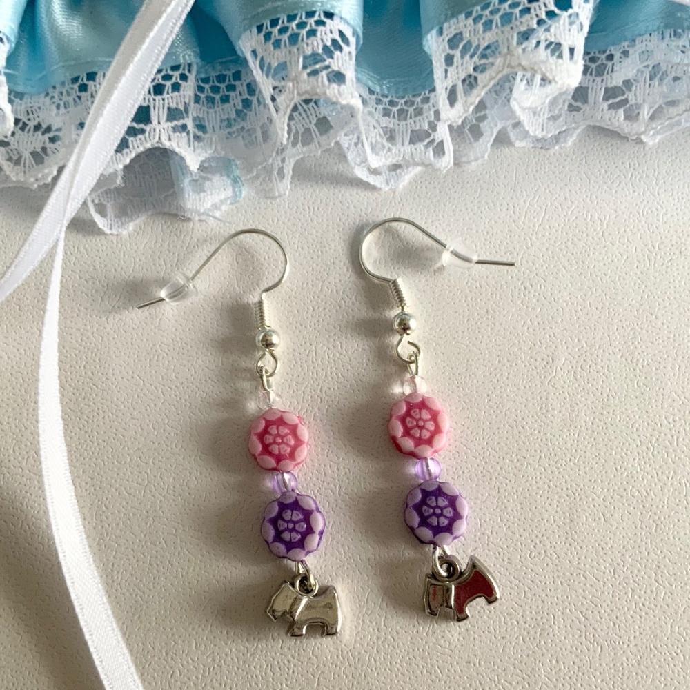 Handcrafted Colorful Flower Beaded Dangle Drop Handmade Earrings with Little Dog